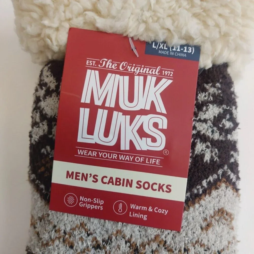 MUK LUKS Mens Cabin Socks L/XL Shoe Size 11/13 Brown Tan Multi Warm and Cozy RT